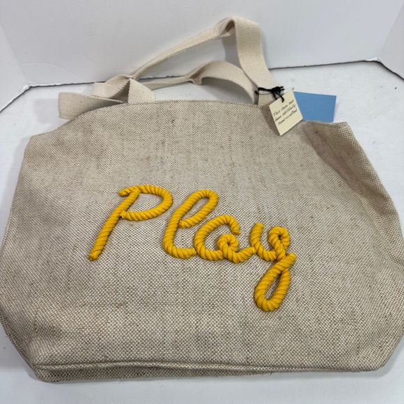 ENVY Yellow Stitch ‘Play’ BEACH BAG TOTE CARRY BURLAP SNAP 19 X 16 Handcraft New - Picture 1 of 8